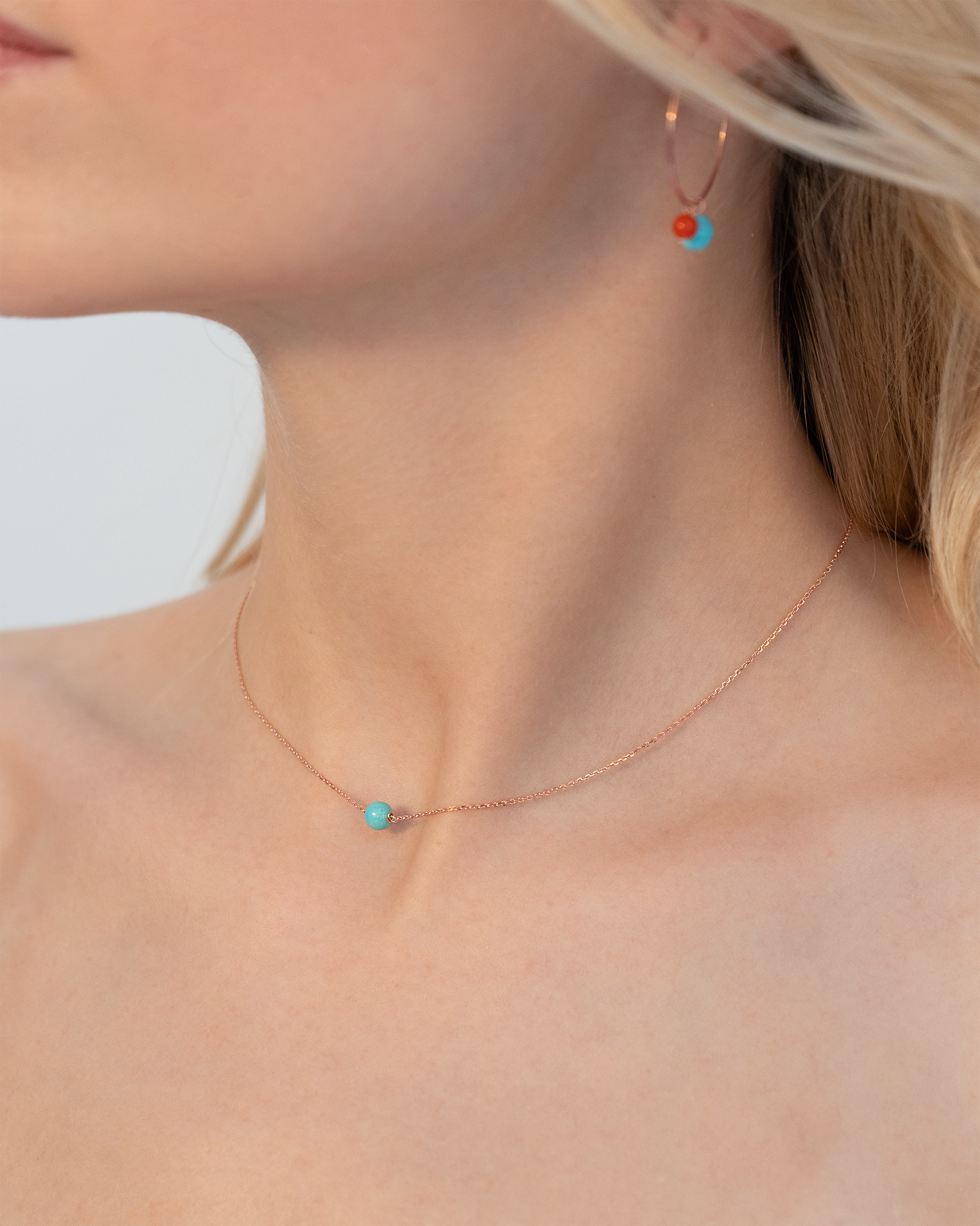 Aqua Halskette getragen, Roségold mit echtem Türkis, KONI Design
