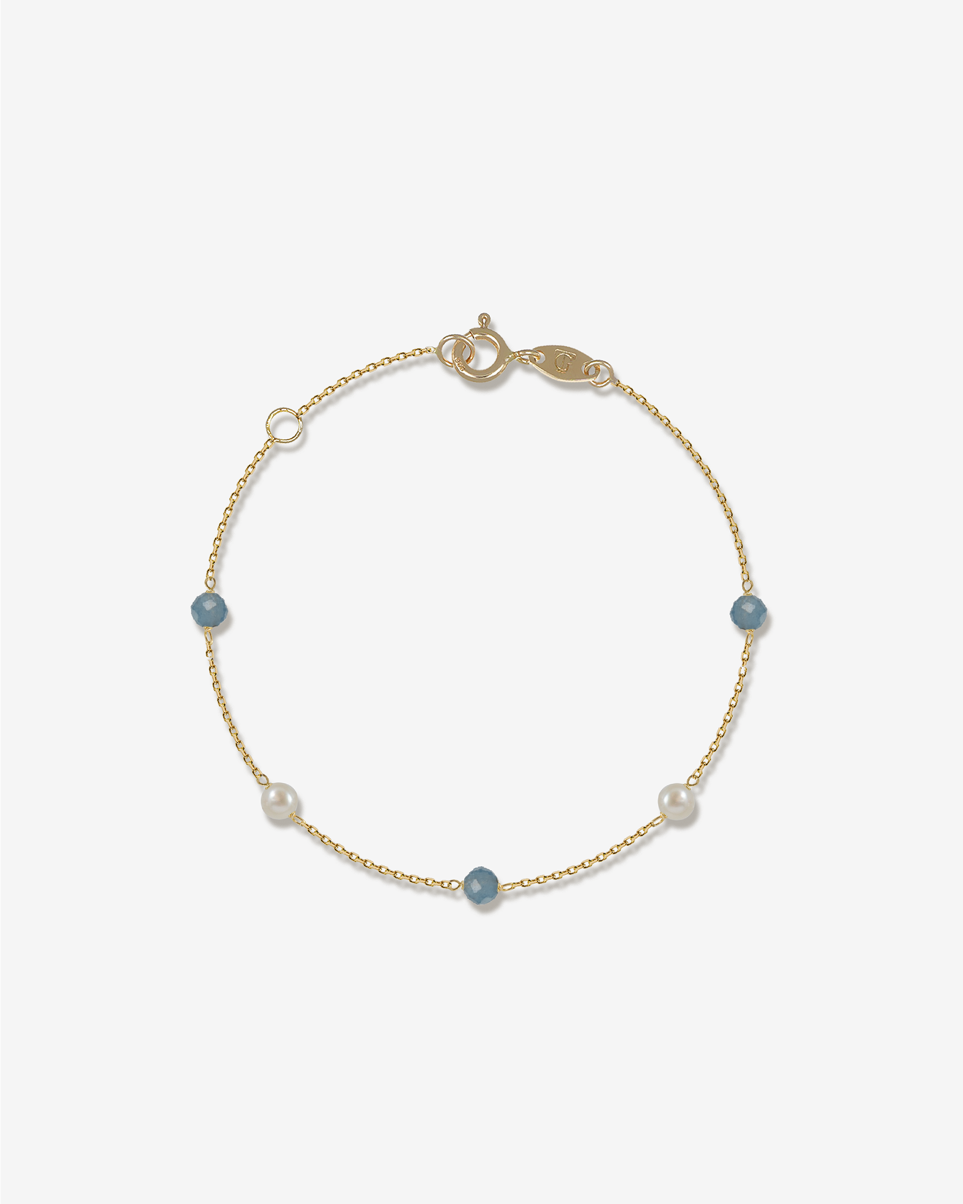 Esther – Armkette Gelbgold | 14 Karat Gold Armkette mit Aquamarin & Perlen | KONI Design Wien