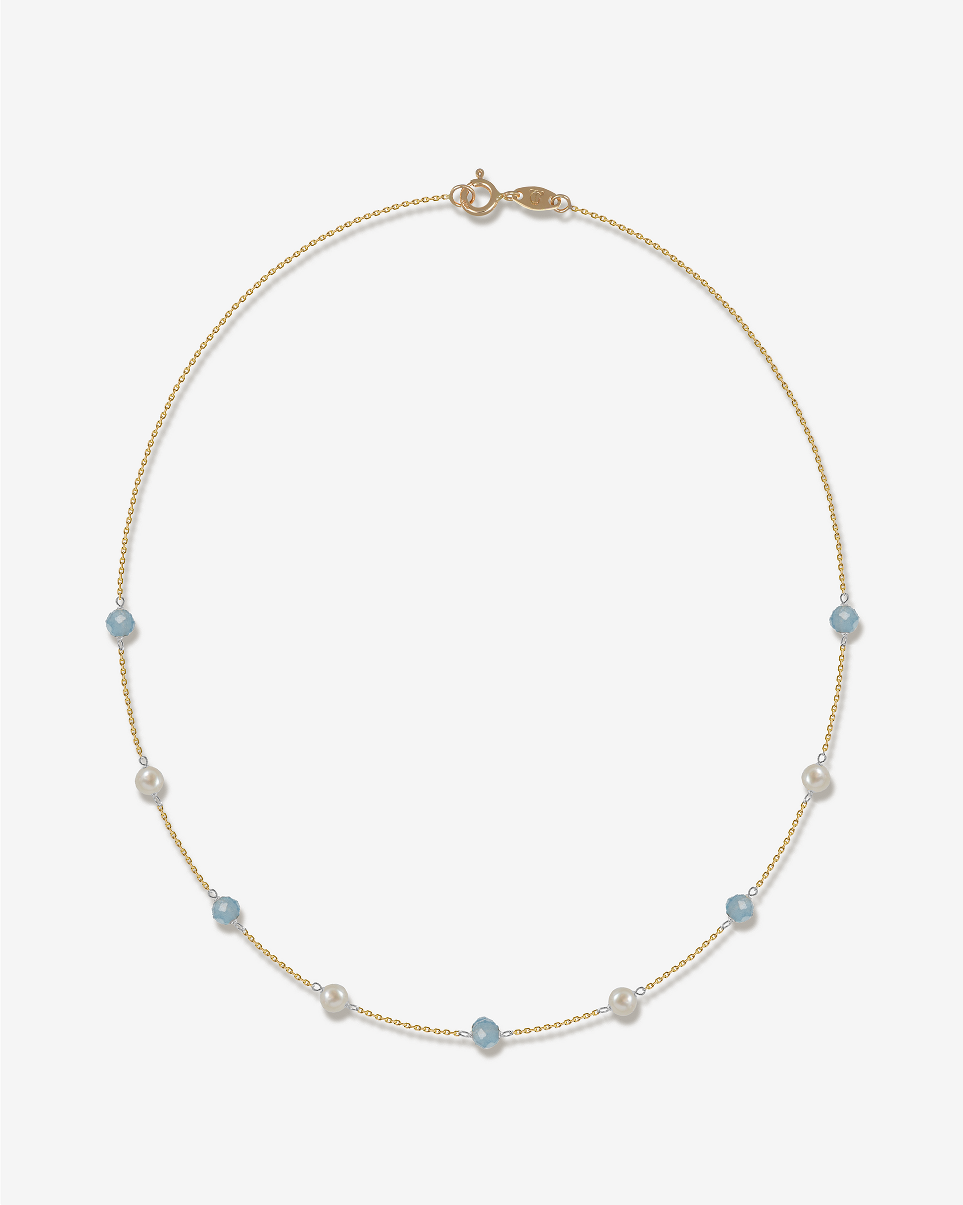 Esther – Halskette Gelbgold | 14 Karat Gold Perlenkette mit Aquamarin | KONI Design Wien
