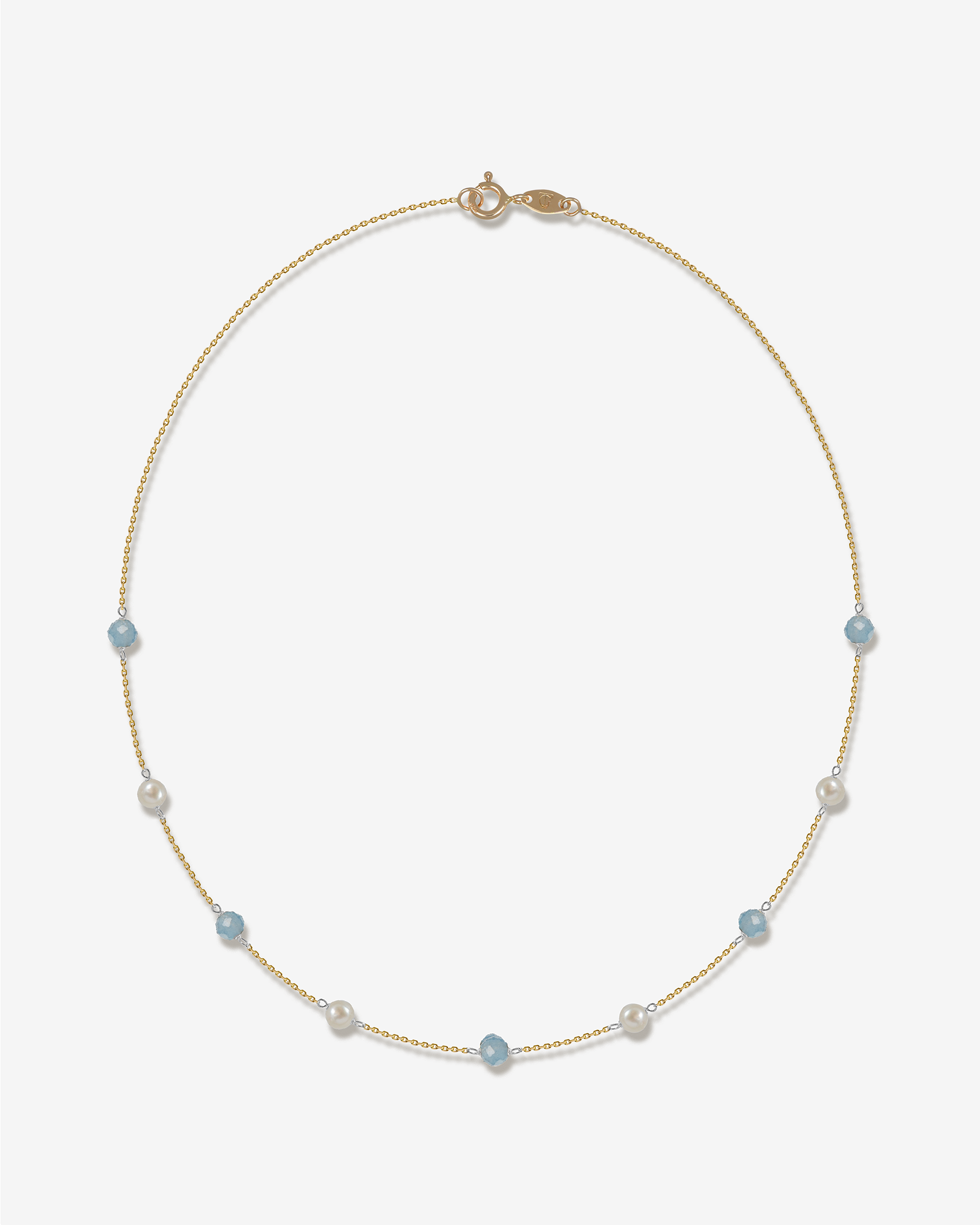 Esther – Halskette Gelbgold | 14 Karat Gold Perlenkette mit Aquamarin | KONI Design Wien
