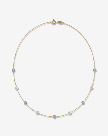 Esther – Halskette Gelbgold | 14 Karat Gold Perlenkette mit Aquamarin | KONI Design Wien