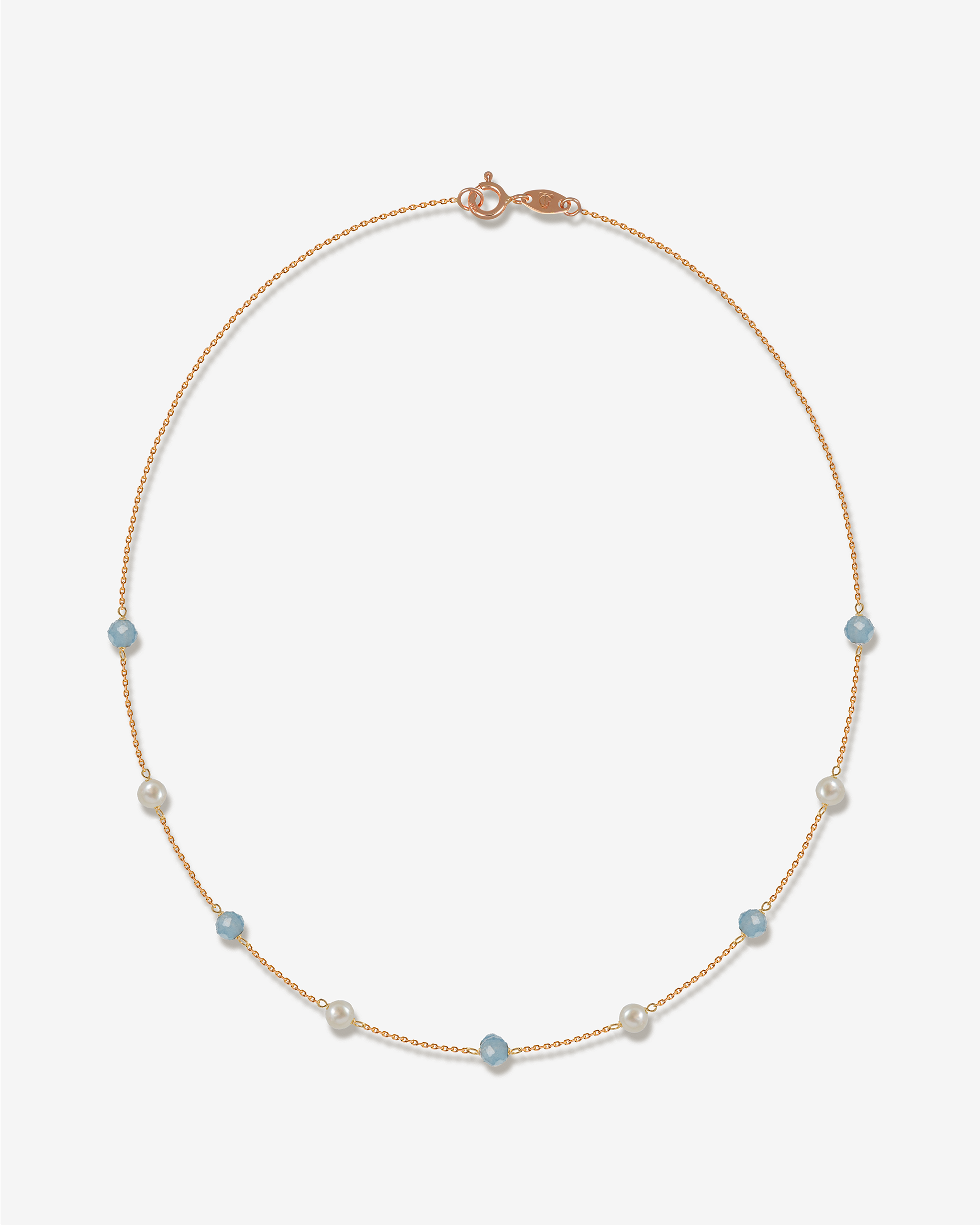 Esther – Halskette Roségold | 14 Karat Roségold Perlenkette mit Aquamarin | KONI Design Wien
